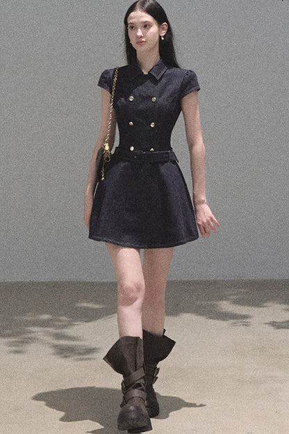 Retro Denim Waist-Cinching Dress Set-Up