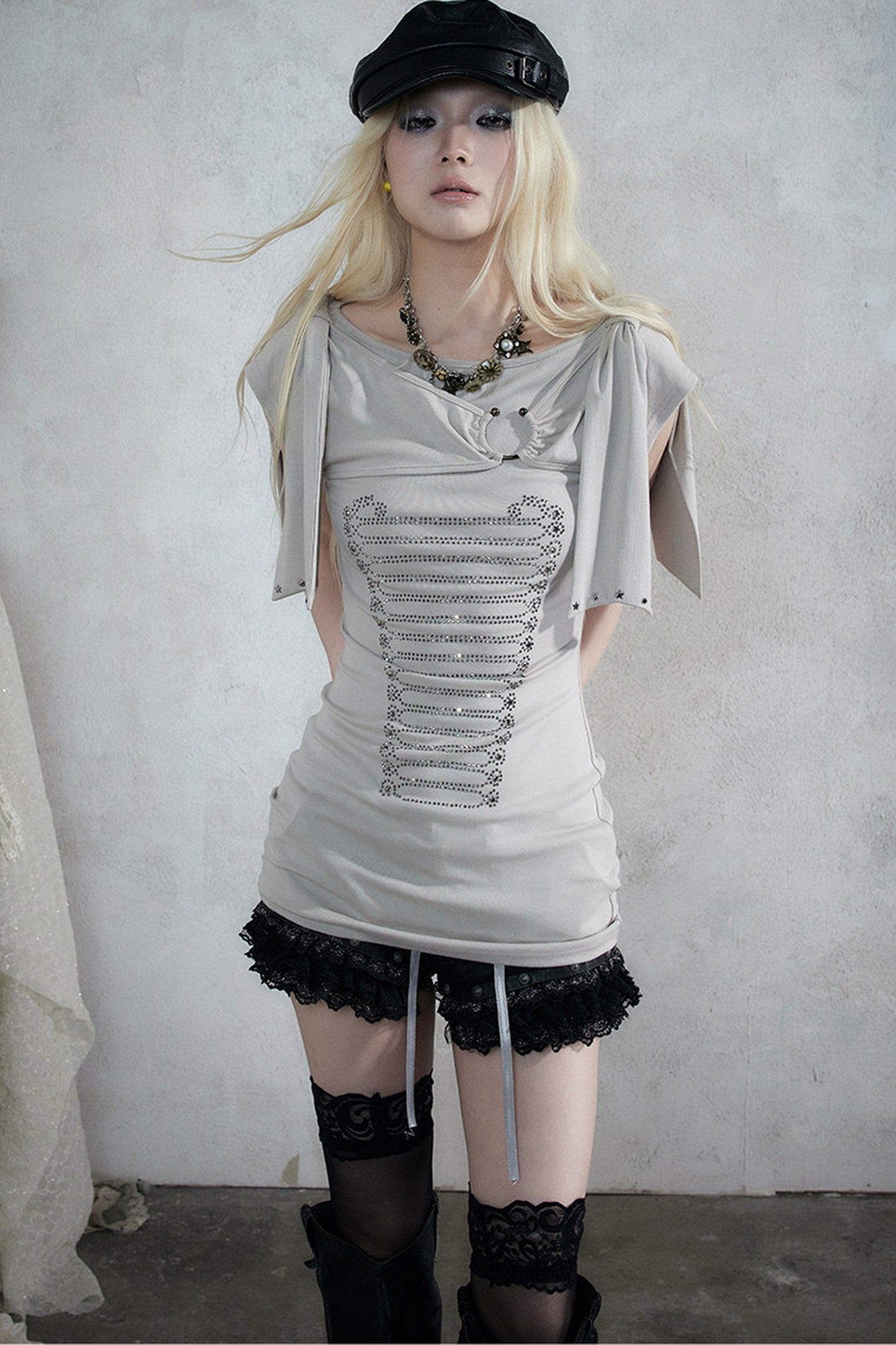 Rhinestone Corset Short-Sleeve Knit Dress