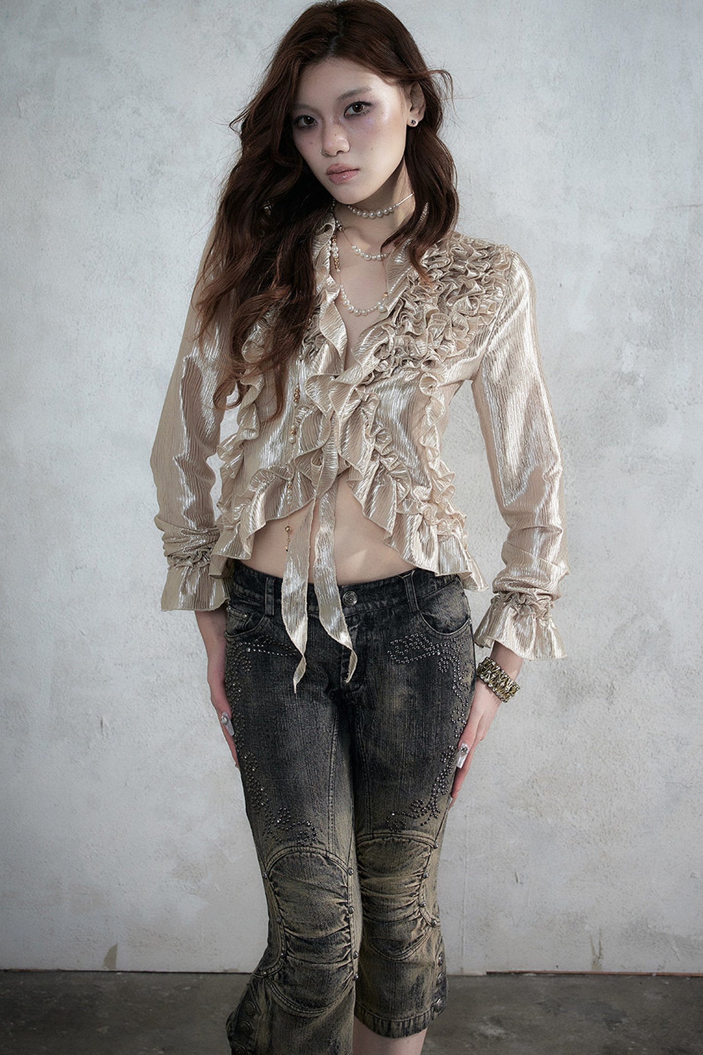Ruffle Trim Tie Waist Long-Sleeved Blouse