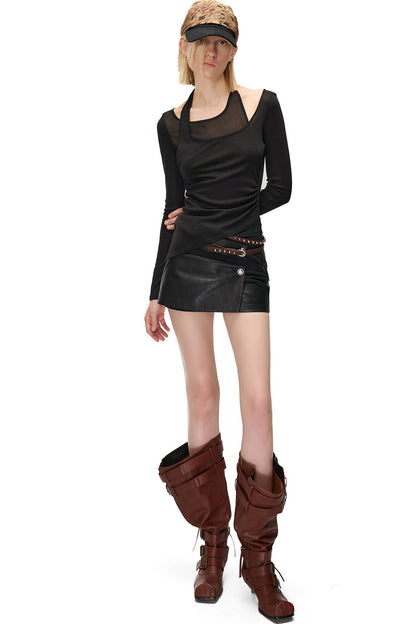 Layered-Look Spliced Halter Long-Sleeve T-Shirt