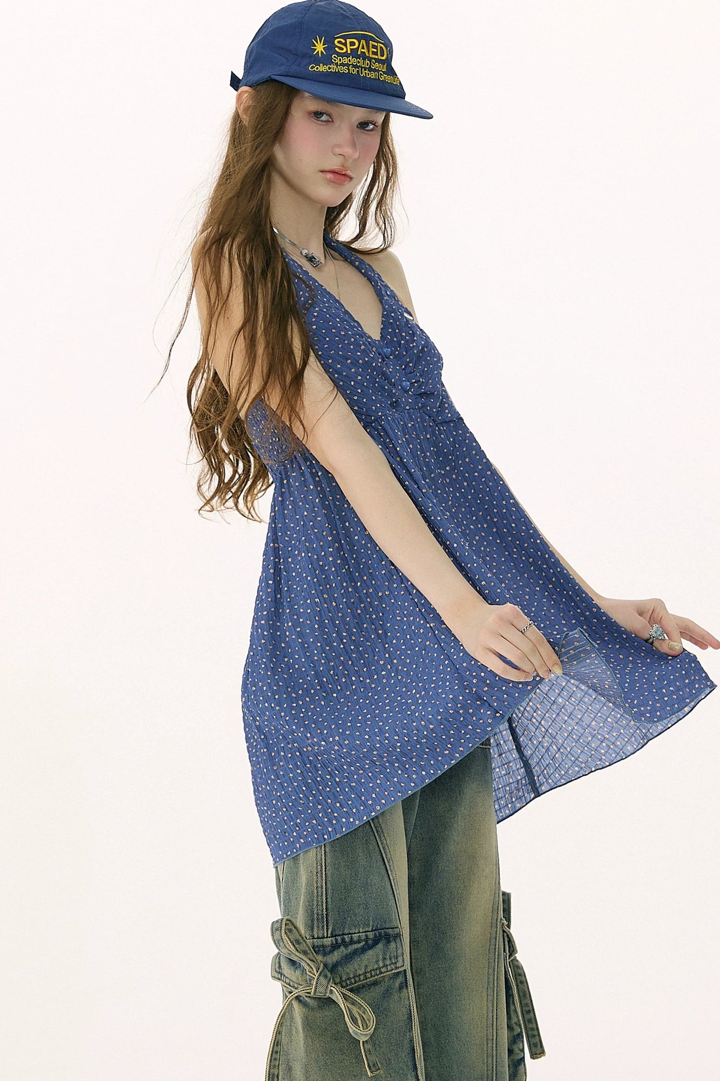Blue Floral Waist-Tie Halter Camisole