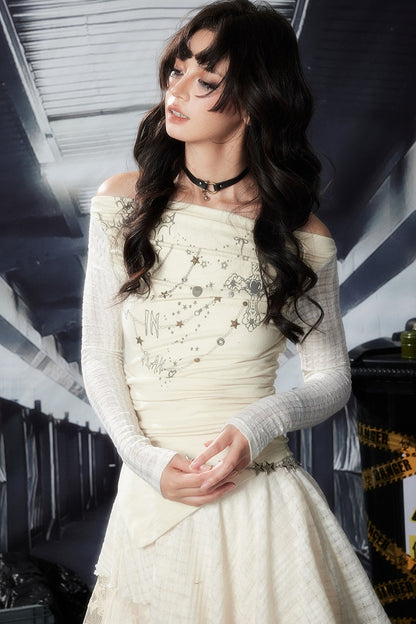 Printed Rhinestone Lace Off-Shoulder Knitted Dress