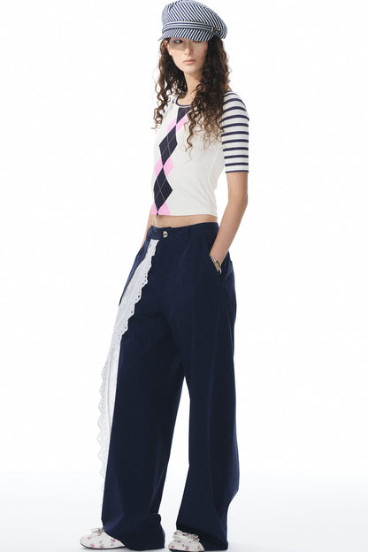 Navy Lace Trim Pants