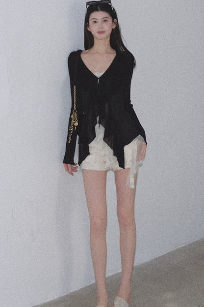 Shimmer V-Neck Long-Sleeve Cardigan Top