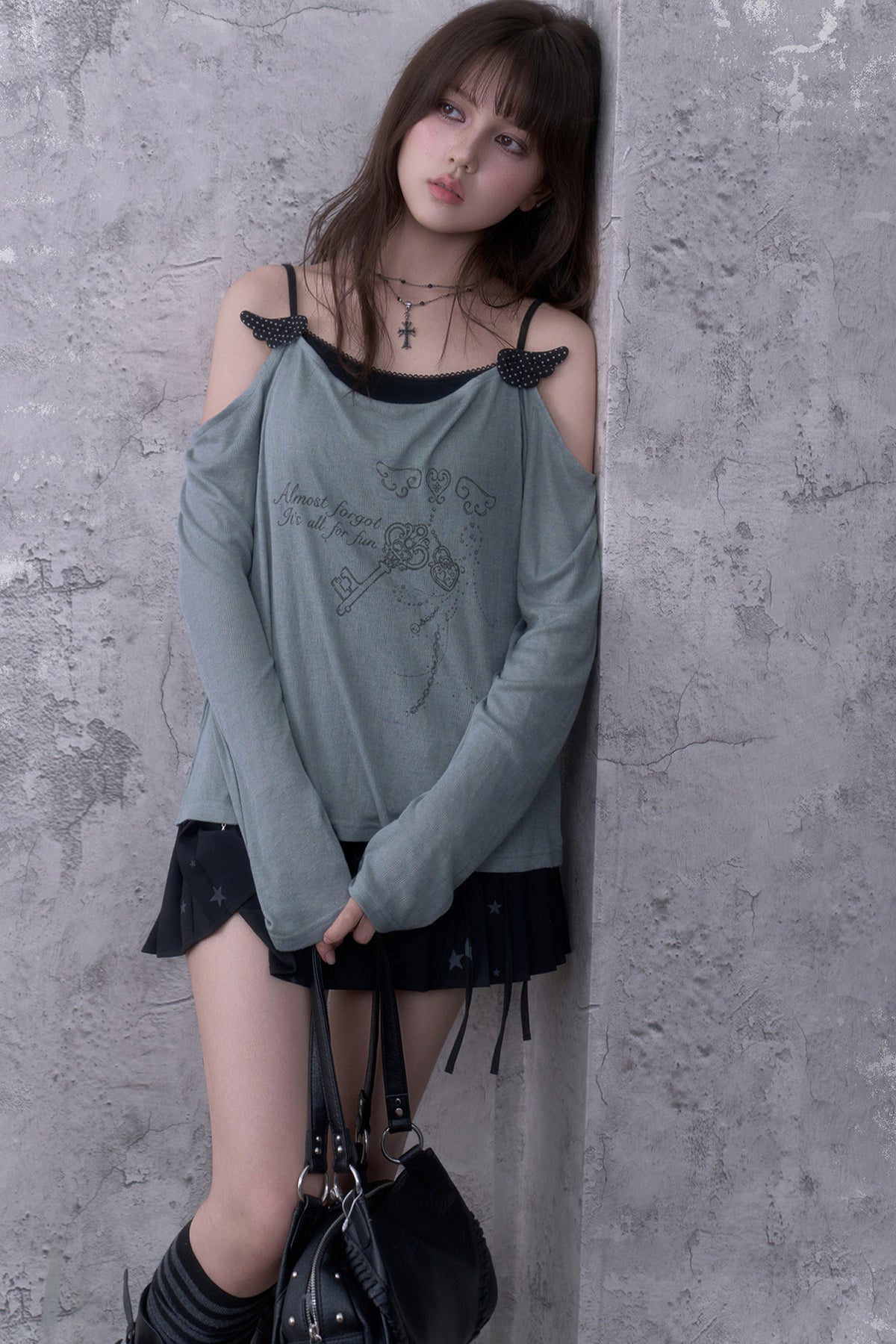 Gray Blue Draped Collar Layered-Look Blouse