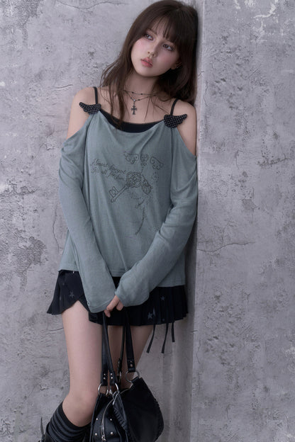 Gray Blue Draped Collar Layered-Look Blouse