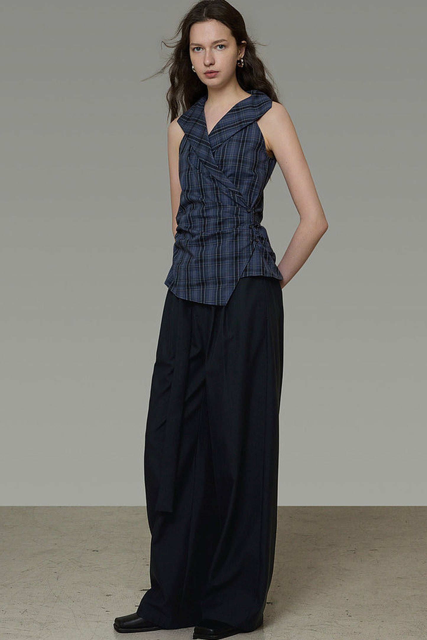 Navy Plaid Pleated Top