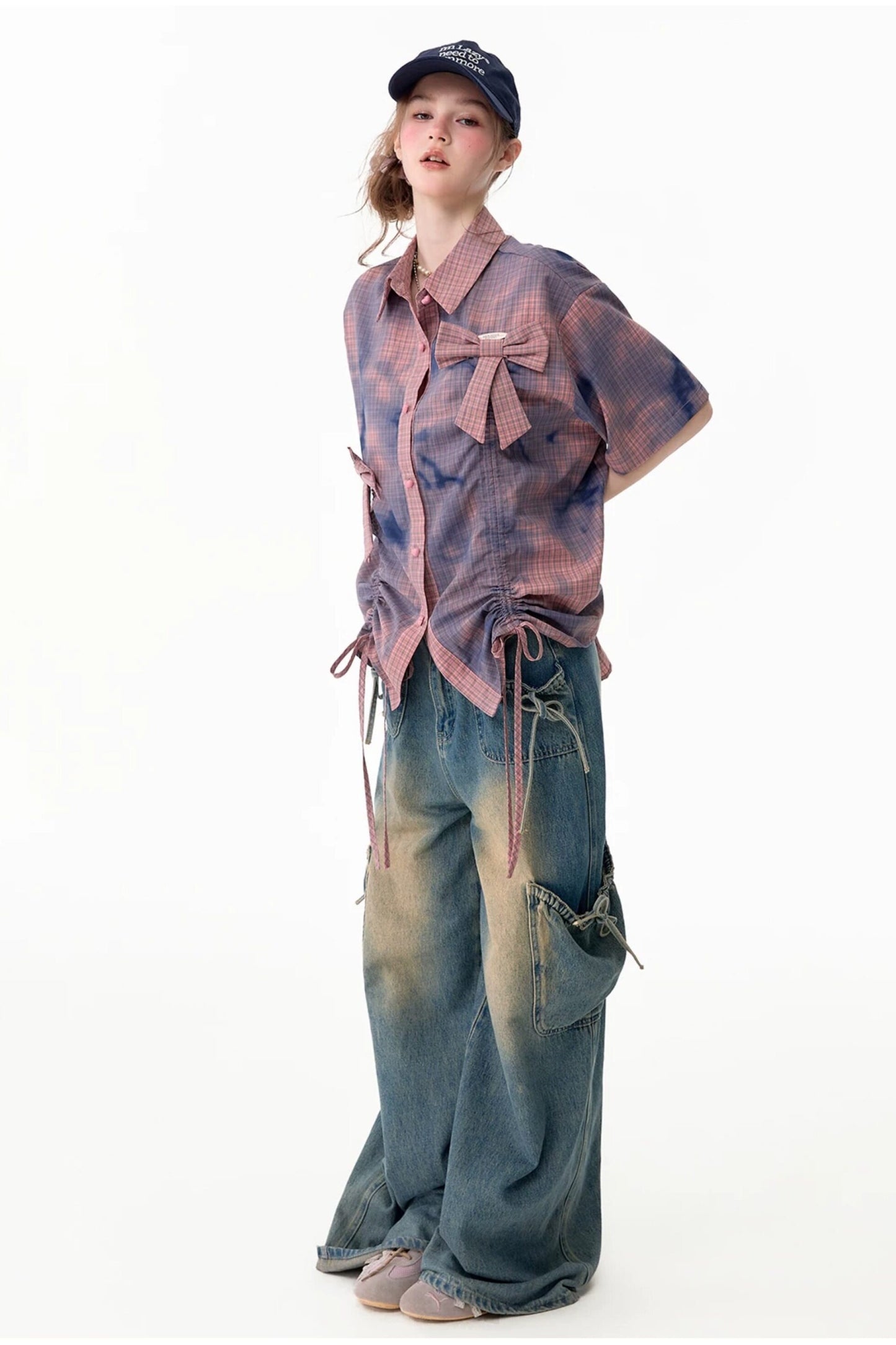 Chemise à manches courtes à carreaux roses avec nœud et cordon de serrage