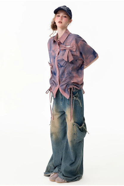 Chemise à manches courtes à carreaux roses avec nœud et cordon de serrage