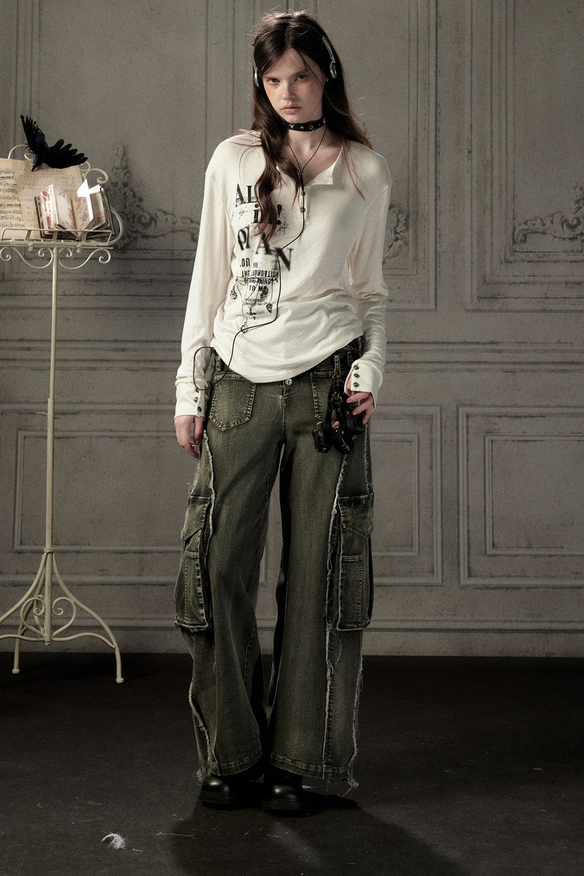 Beige Printed Long-Sleeved T-Shirt