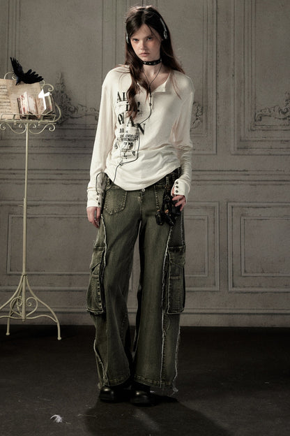 Beige Printed Long-Sleeved T-Shirt
