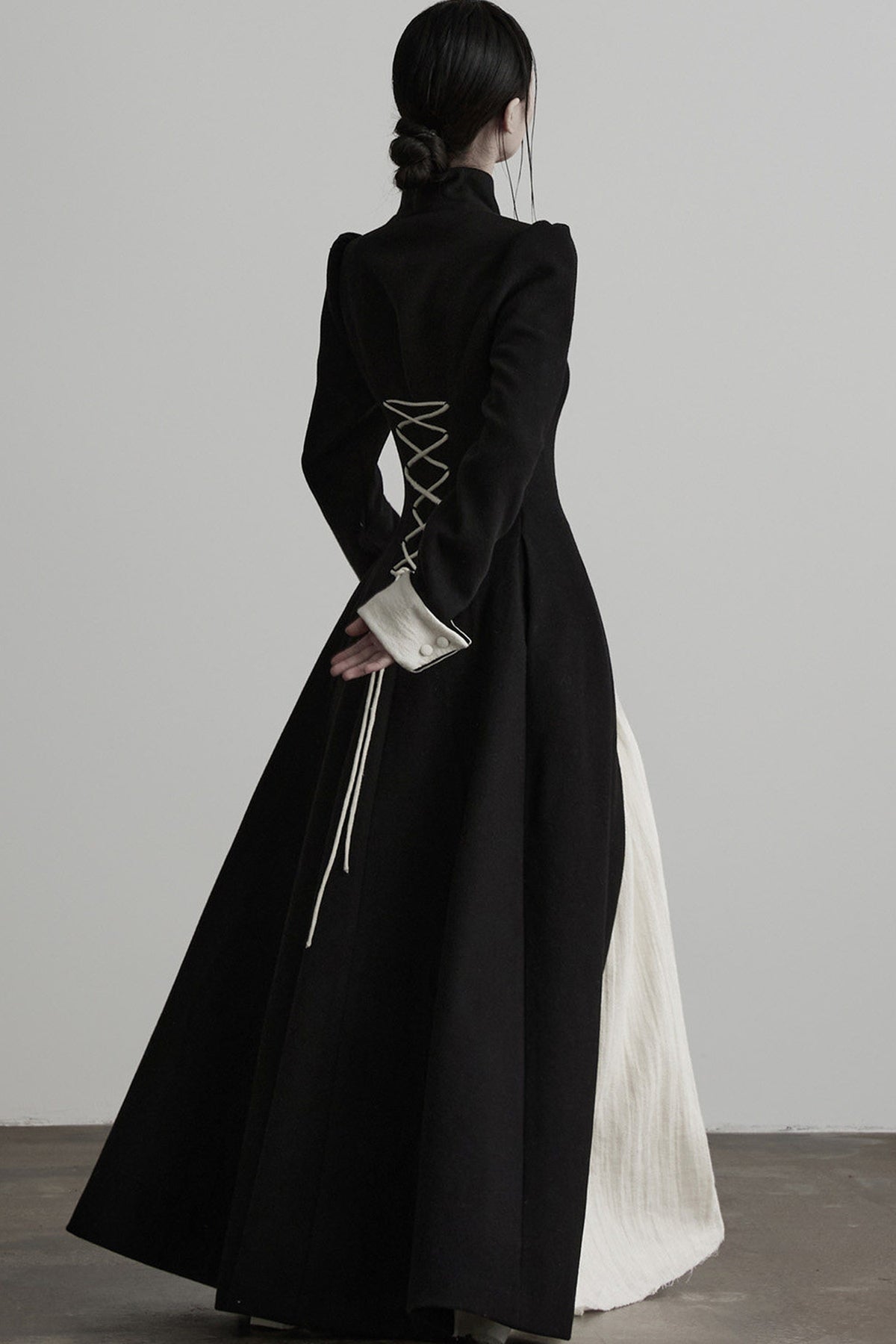100% Wool Stand Collar Tie-Back Long Coat