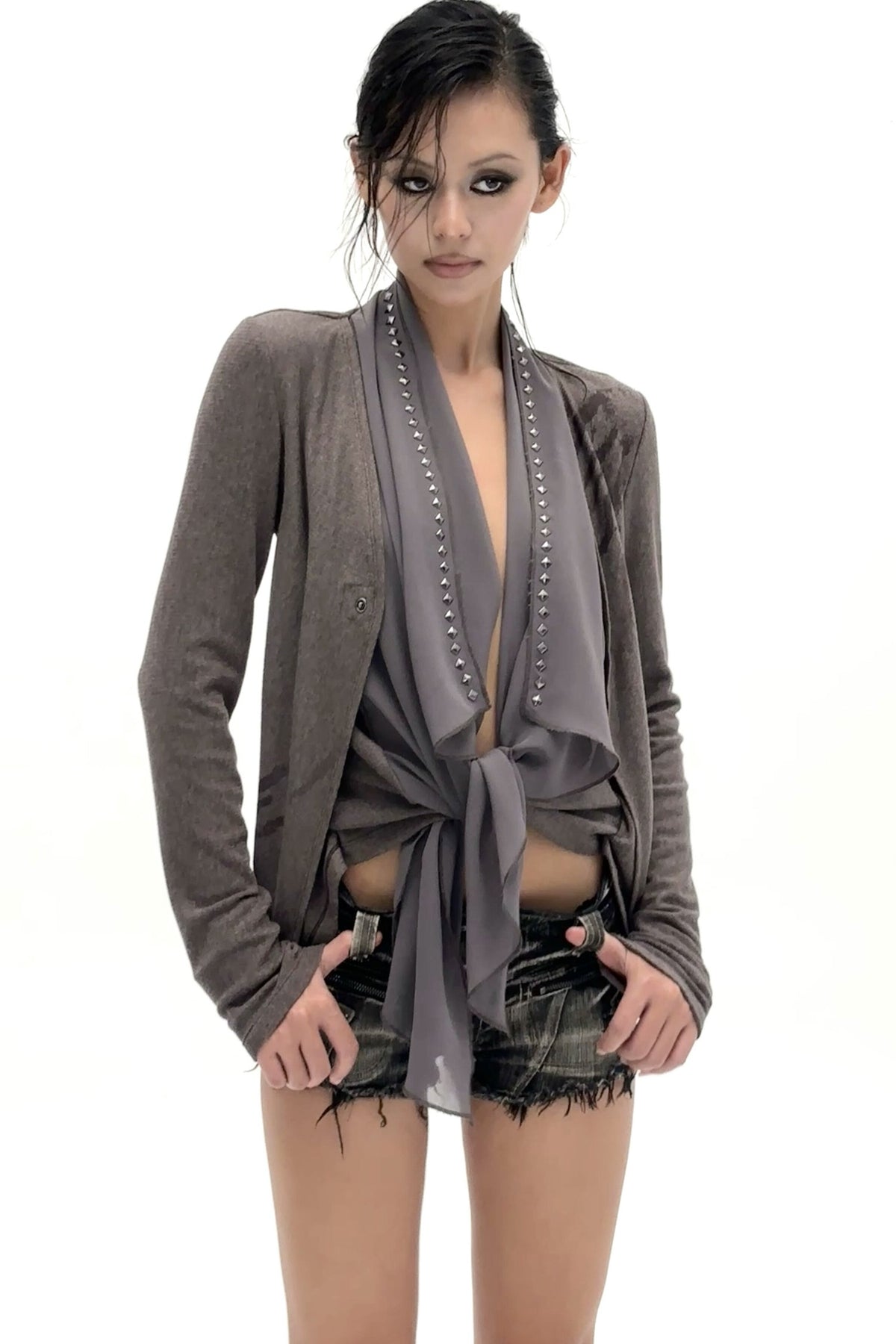 Layered-Look Knit Chiffon Cardigan
