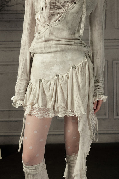 Asymmetrical Button Lace Train Skirt