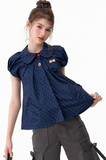 Camicia blu scuro a pois con colletto Peter Pan