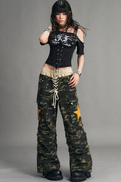 Patchwork Off-Shoulder Graffiti Print T-Shirt