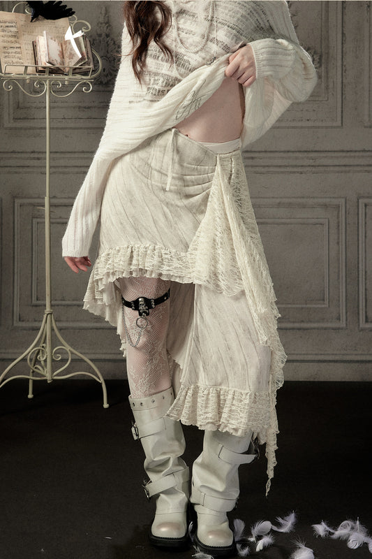 Beige Asymmetrical Lace Spliced Skirt