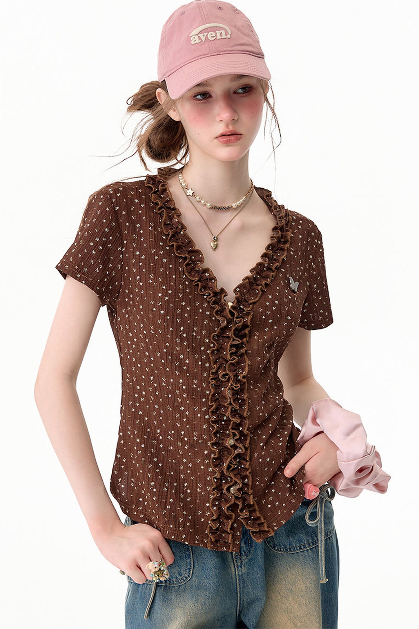 Chemisier marron en dentelle à pois