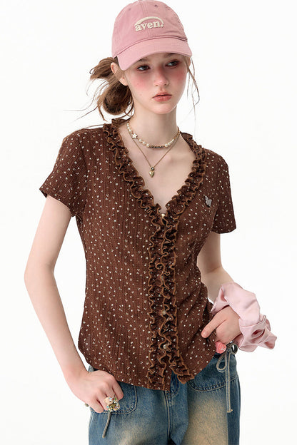 Chemisier marron en dentelle à pois