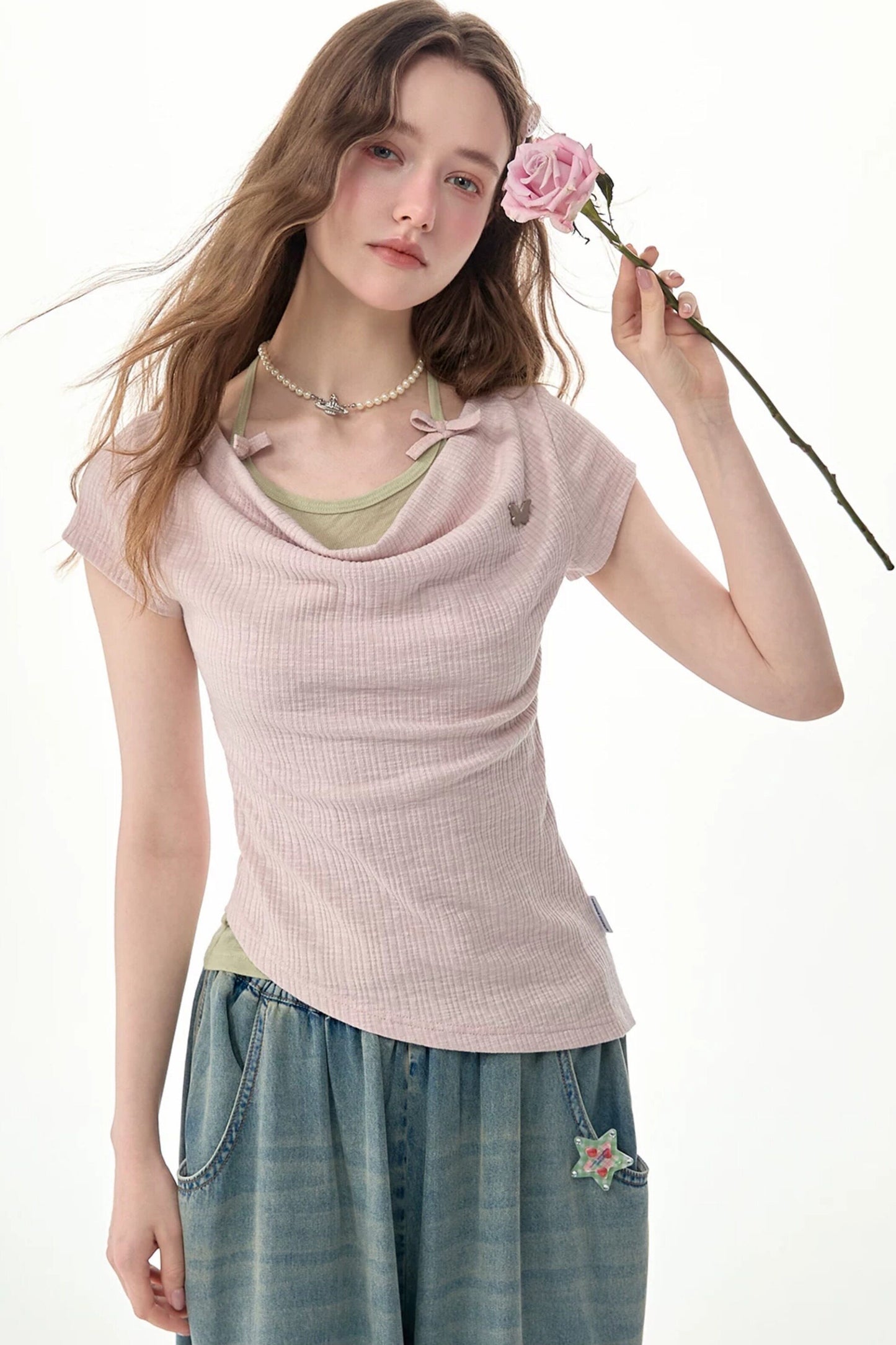 Pink Drape Neck Layered Short Sleeve Top