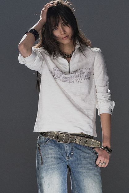 Stand Collar Metal Zipper Printed T-Shirt