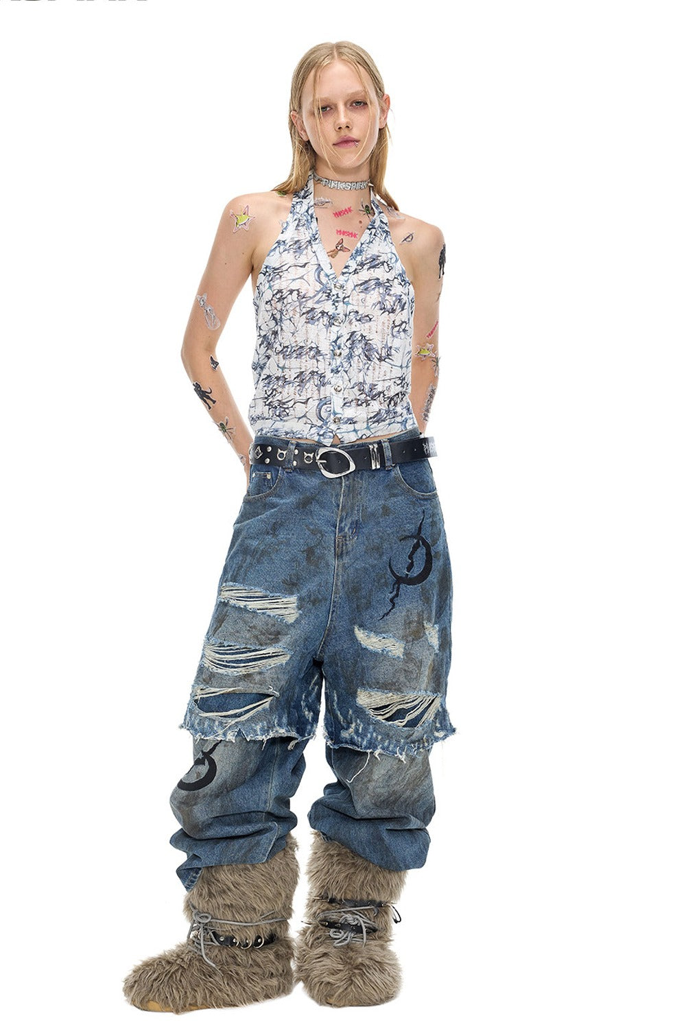 Electric Moon Distressed Double Layer Stacked Jeans