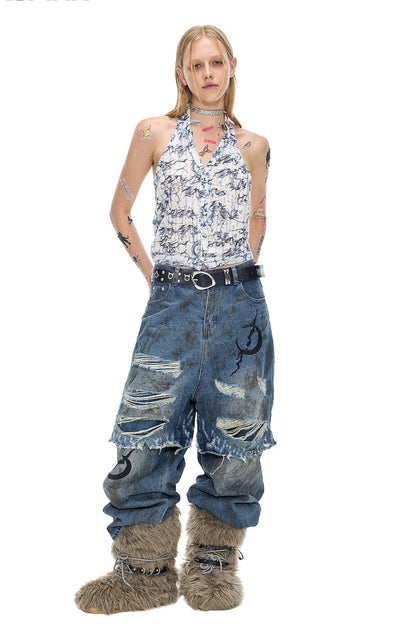 Electric Moon Distressed Double Layer Stacked Jeans