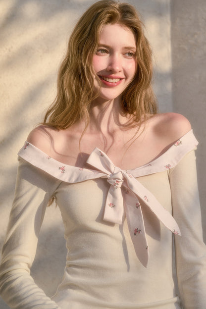Off-Shoulder Big Bow Knit Top