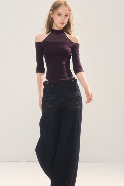 Pleated Pocket Wide Leg Jeans