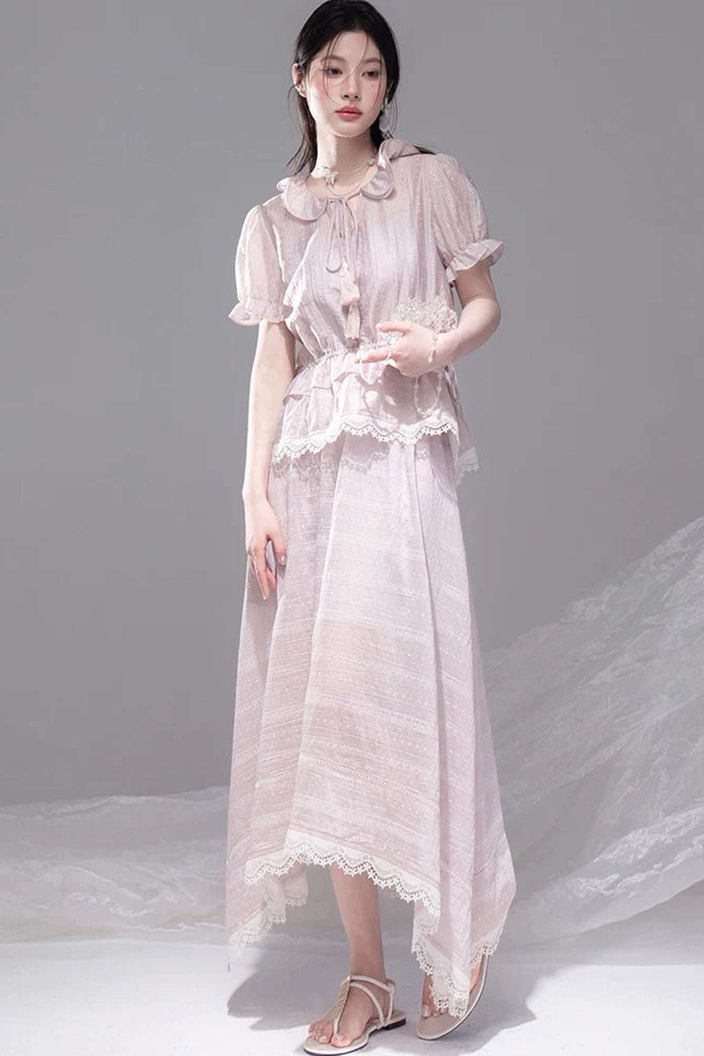 Romantic Sicily Lyocell Ruffle Collar Blouse Set-Up