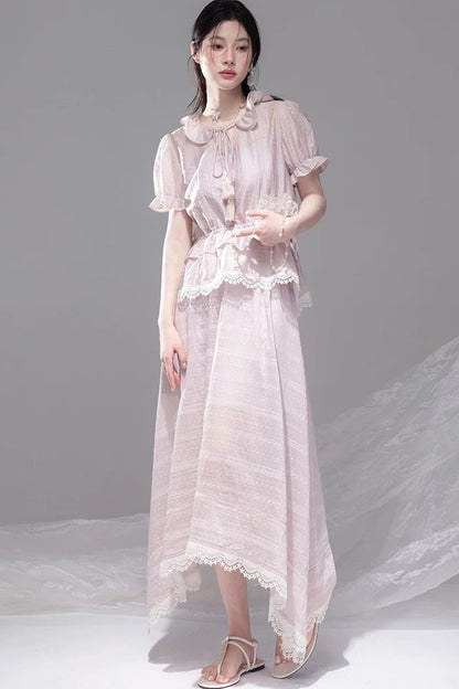Romantic Sicily Lyocell Ruffle Collar Blouse Set-Up