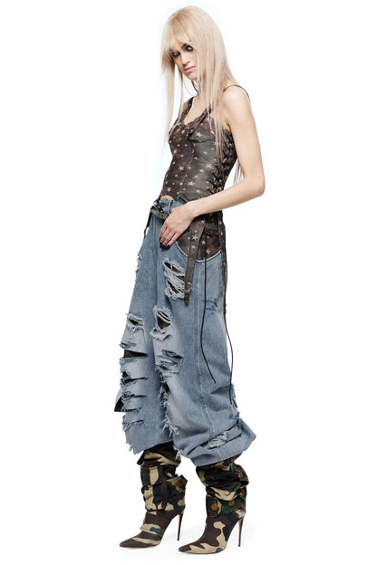 Handmade Distressed Patchwork Lining Denim Jeans