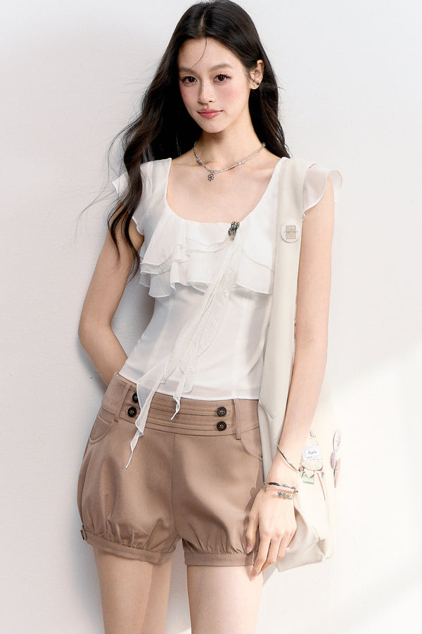Lace Flutter Sleeve Ribbon Blouse