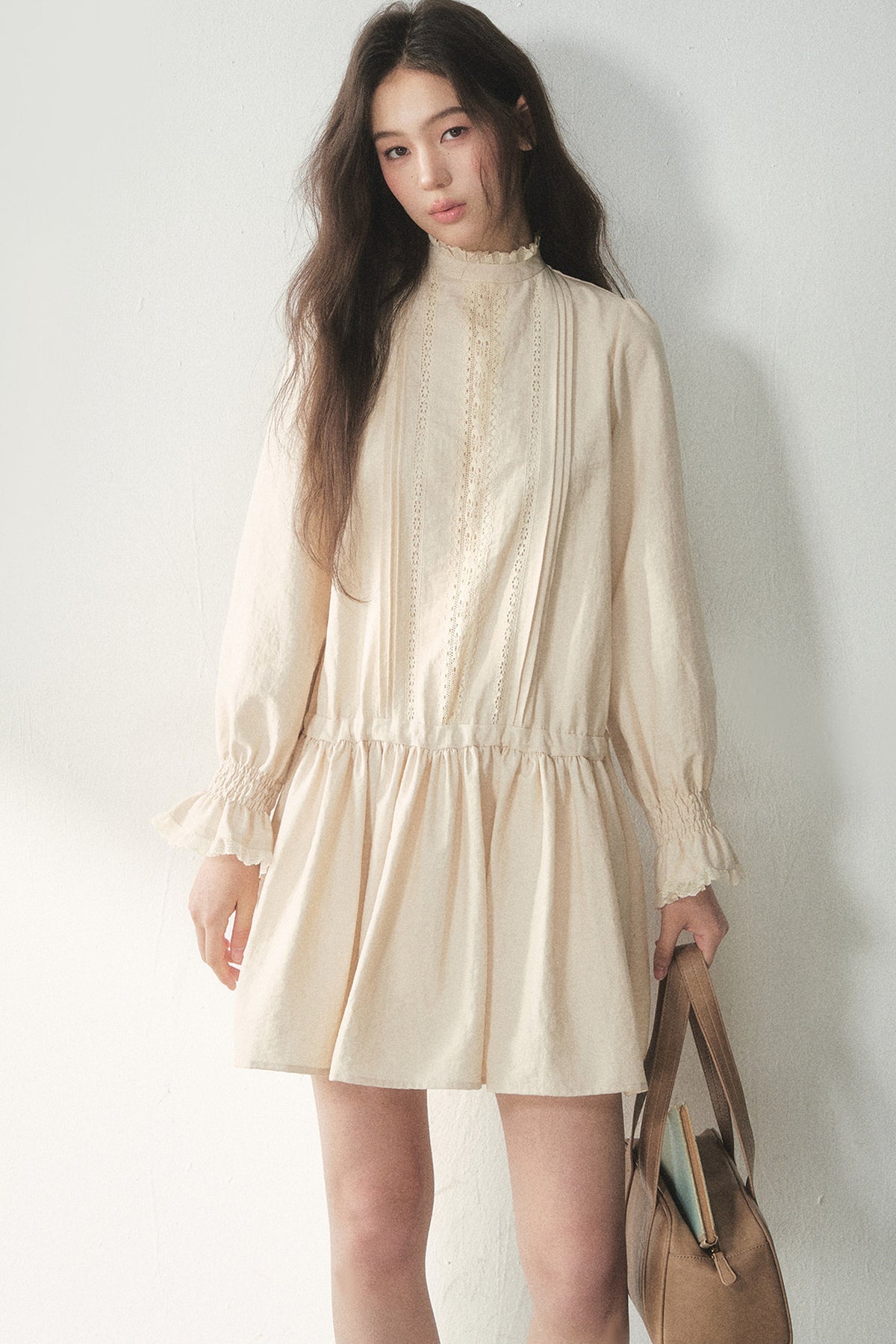 Lace High Collar Ruffle Dress
