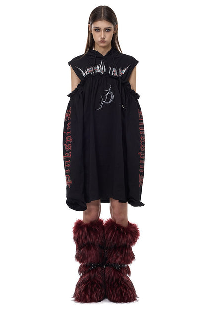Off-Shoulder Printed Hooded Dress
