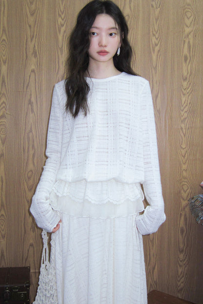 Plaid Lace Long Sleeve T-Shirt Skirt Set-Up
