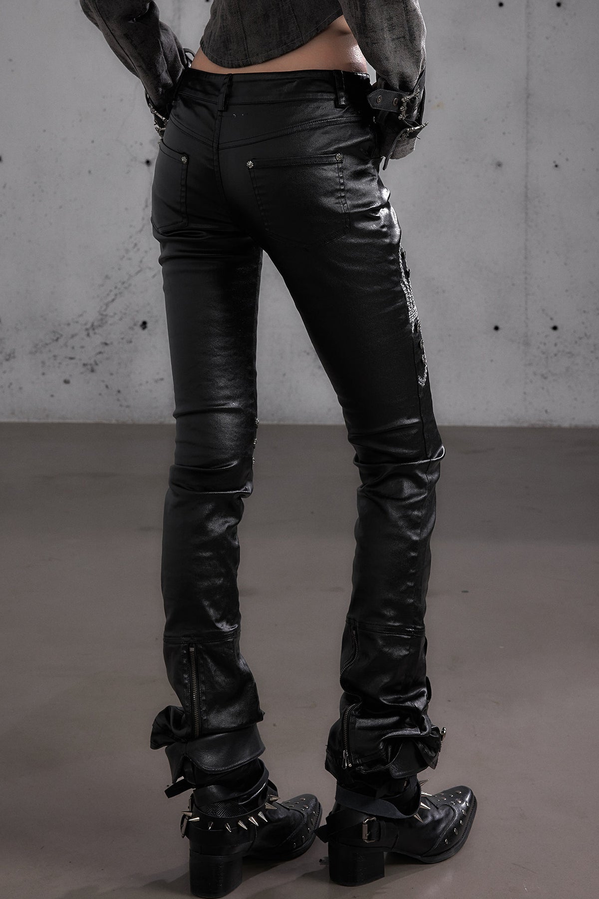 Punk Rock Embroidered Waxed Leather Pants