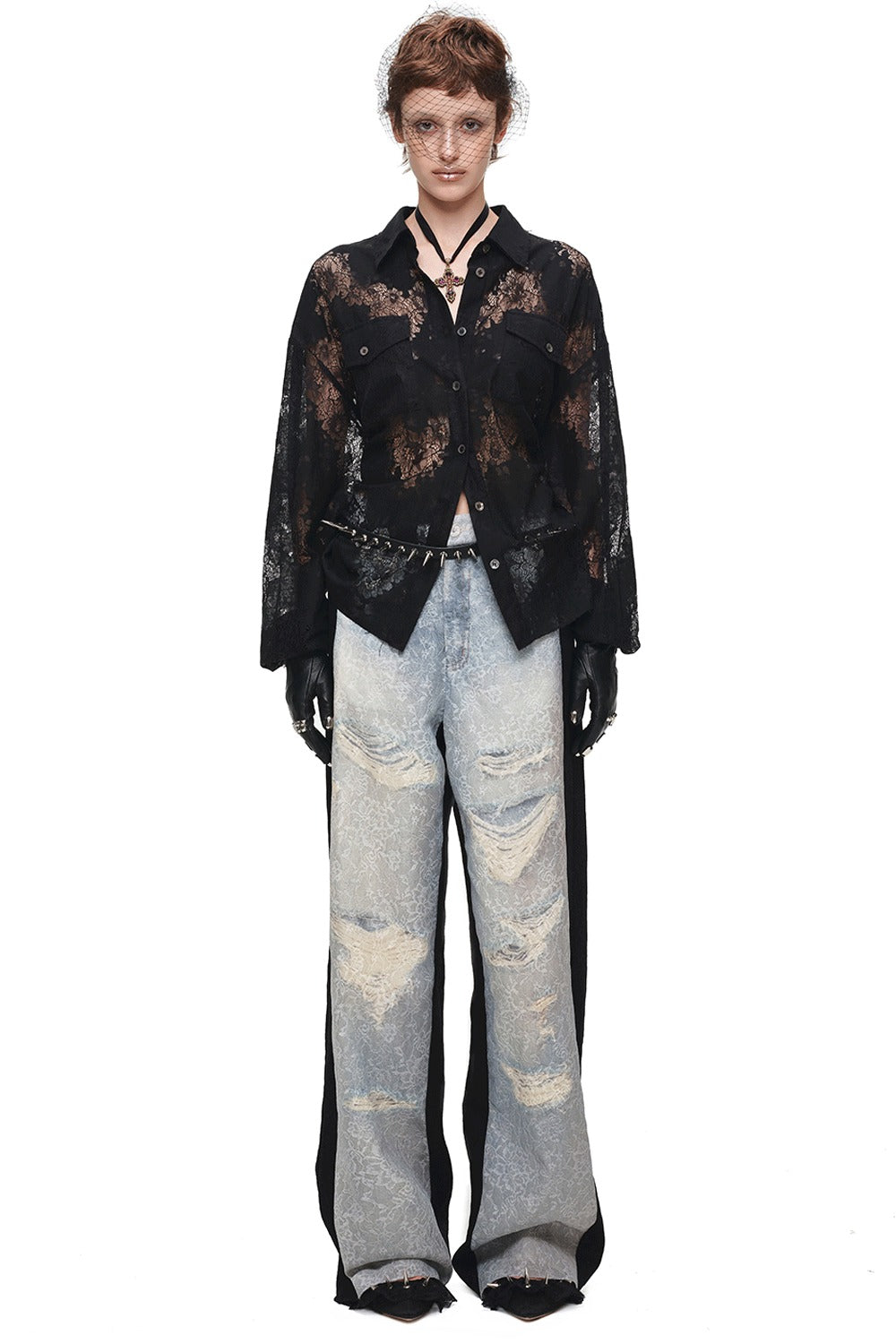 Washed Ripped Lace Straight-Leg Pants