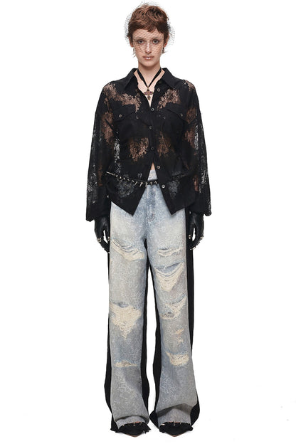 Washed Ripped Lace Straight-Leg Pants