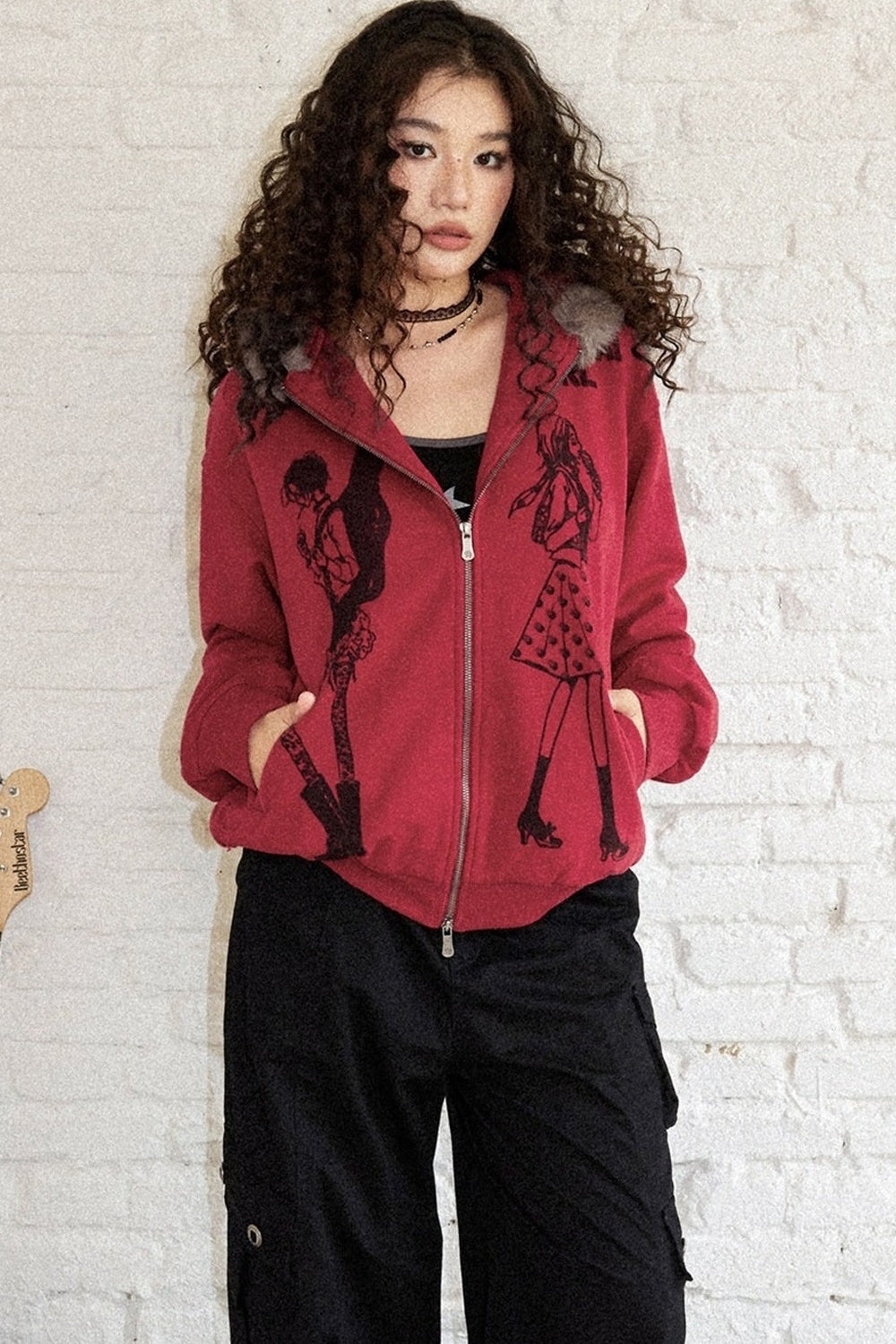 Distressed Fur Collar Hooded Cardigan