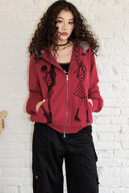 Distressed Fur Collar Hooded Cardigan