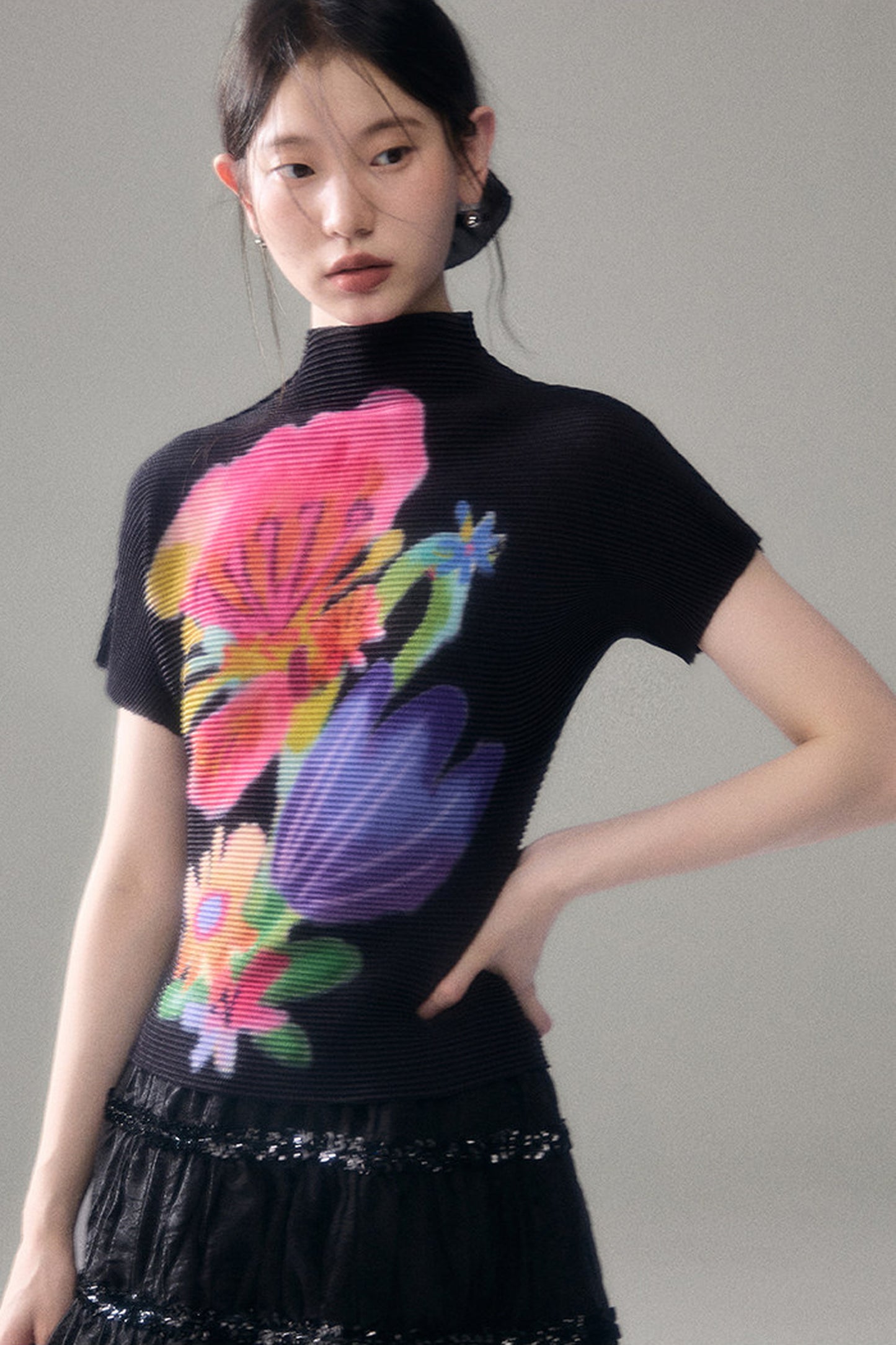 Floral Corn Pleat Knit Top