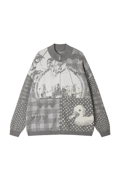 Zip Closure Polka Dot Portrait Print Cardigan