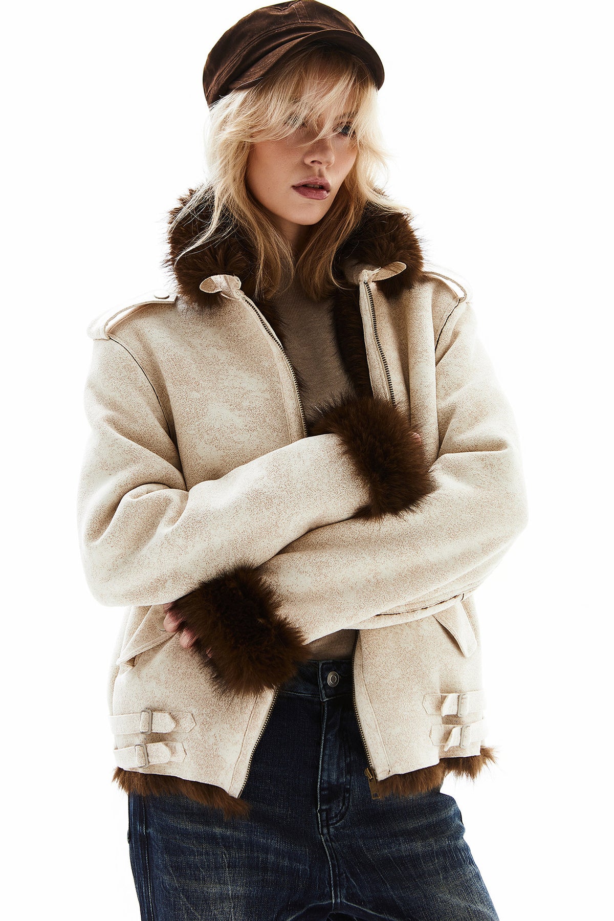 Light Beige Suede Fox Fur Jacket
