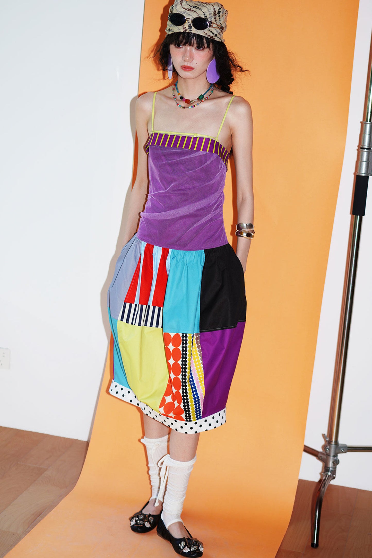 Patchwork Pleated Balloon Dress