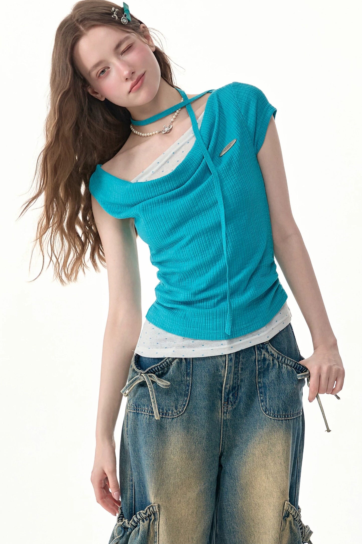 Blue Polka Dot Asymmetric Ruffle T-Shirt