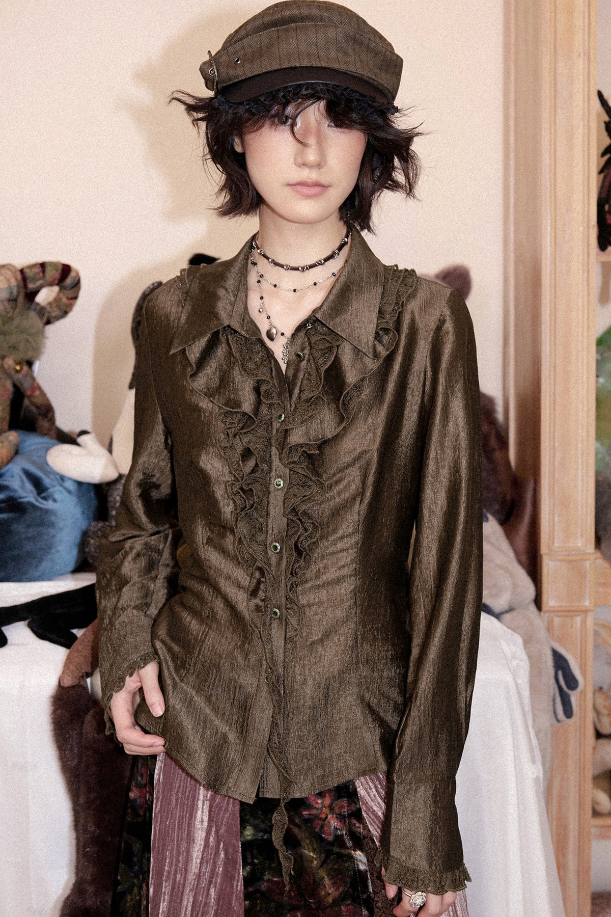 Ruffled Acetate Chiffon Shirt and Skirt Set-Up