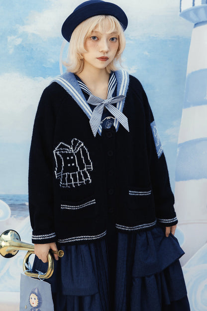 Scissors Pattern Sailor Collar Knit Cardigan