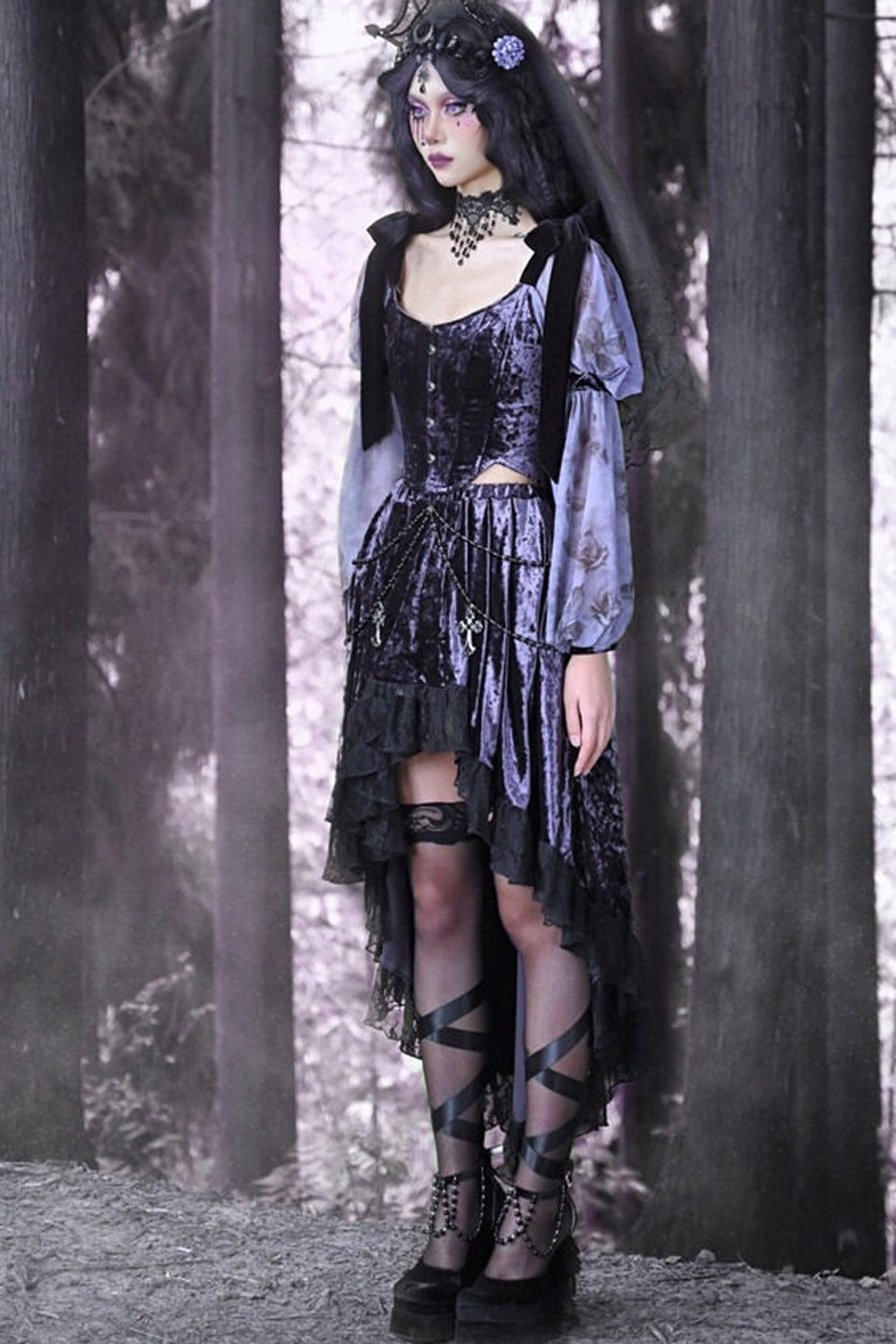 Gothic Velvet High-Low Lace Trim Skirt