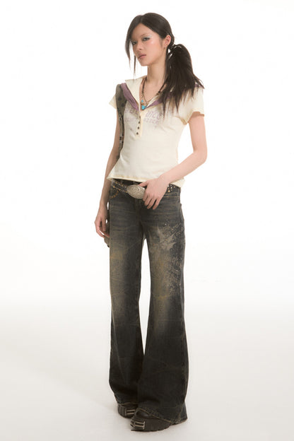 Washed Printed Rhinestone Low-Waist Flared Jeans